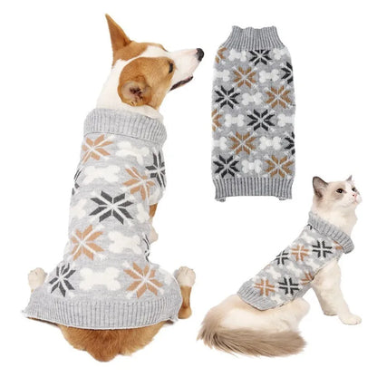 Grey Japanese-style retro jacquard pet sweater, hat and scarf set on a small dog model.