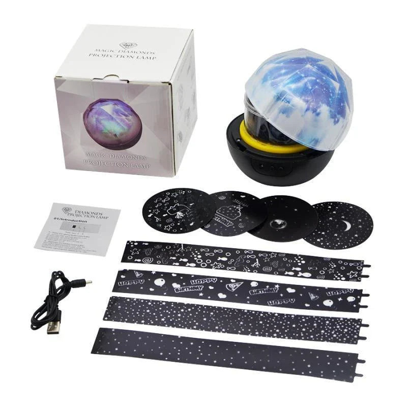 Enchanting star projector lamp with interchangeable film slides showcasing the universe, ocean, and holiday motifs