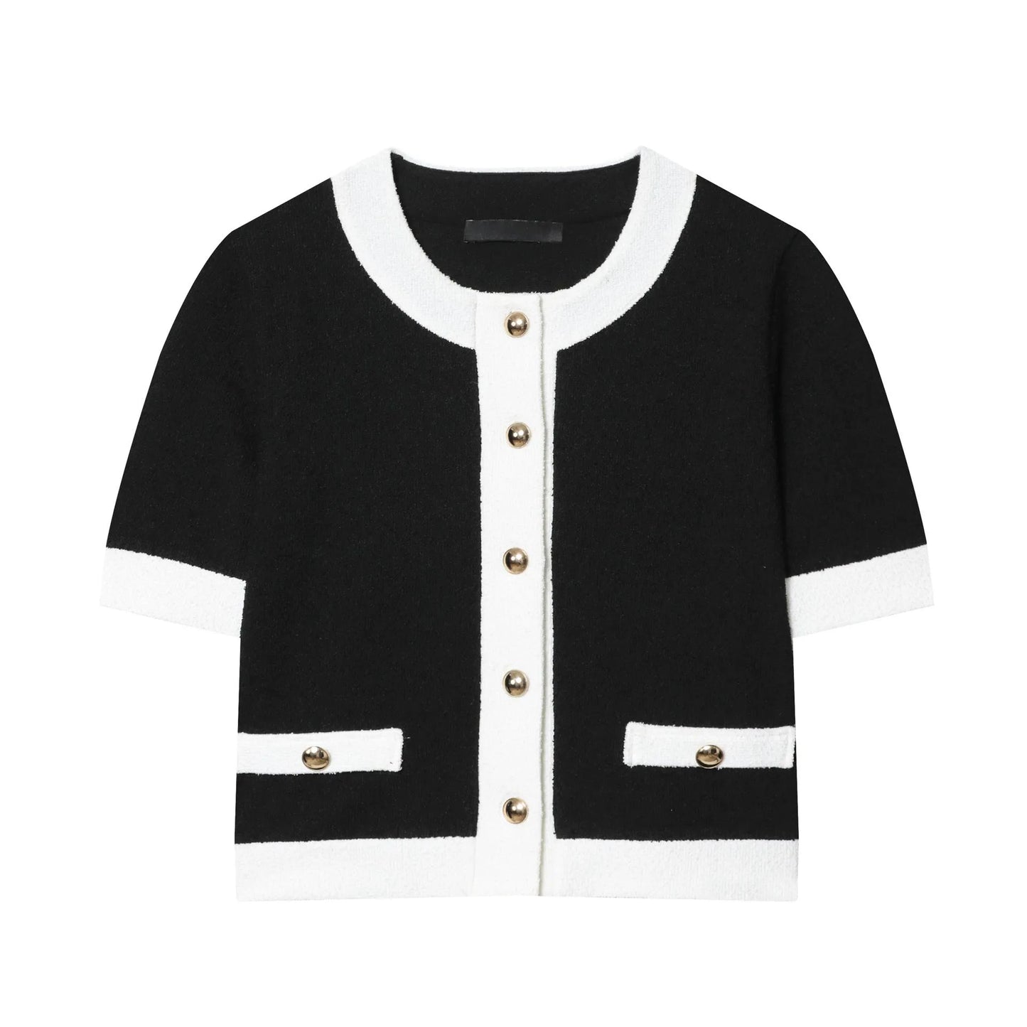 Contrast colour beaded leather round neck top with matching high-waisted trousers street fashion suit