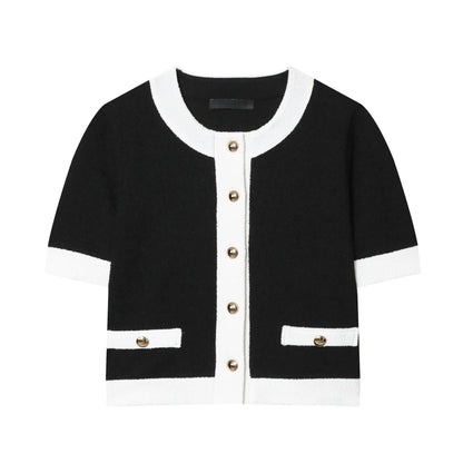 Contrast colour beaded leather round neck top with matching high-waisted trousers street fashion suit