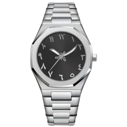 Men's business casual steel belt quartz watch showing 10mm profile and black silver colour option.