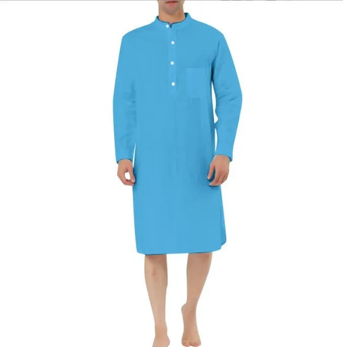 Men's cotton shirt robe in a light blue colour with a front chest pocket and button front.