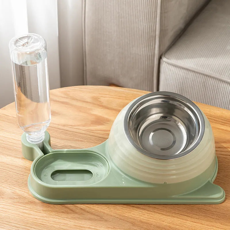 Brown elevated cat bowl set with attached water bottle and two spill-proof food and water dishes.