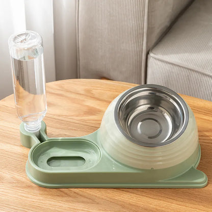 Brown elevated cat bowl set with attached water bottle and two spill-proof food and water dishes.