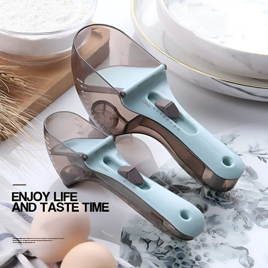 Orange and blue digital measuring spoon set showing measurement units and ergonomic handle.