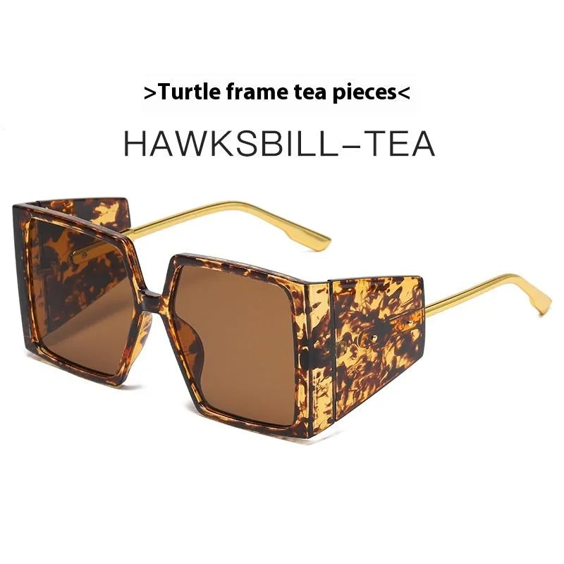 Large square frame sunglasses with UV400 lenses in various colours including black, blue, and green frames.