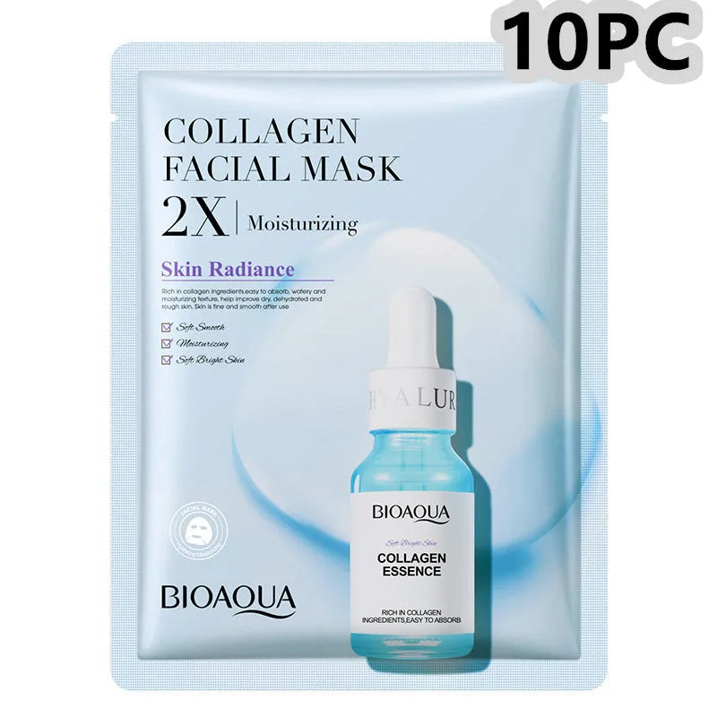 Collagen and hyaluronic acid facial sheet mask set with four variant packages showing 30g gel masks