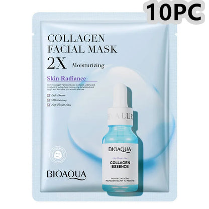 Collagen and hyaluronic acid facial sheet mask set with four variant packages showing 30g gel masks