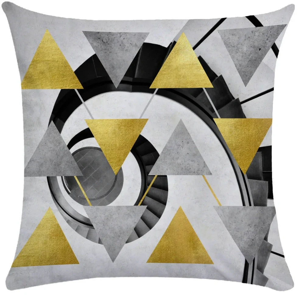Geometric pattern throw pillow on office sofa showing 45x45cm size with plush fabric texture