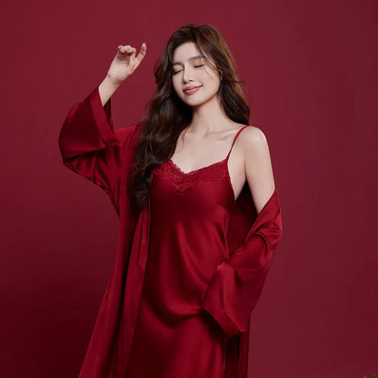 Red ice silk sleepwear set with long sleeves and trousers for men and women, lightweight fabric