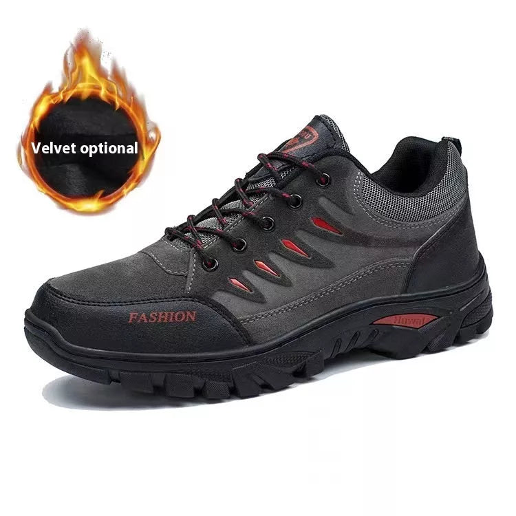 Men's mid-top hiking sneakers in suede with rubber sole, available in green, brown, and gray.