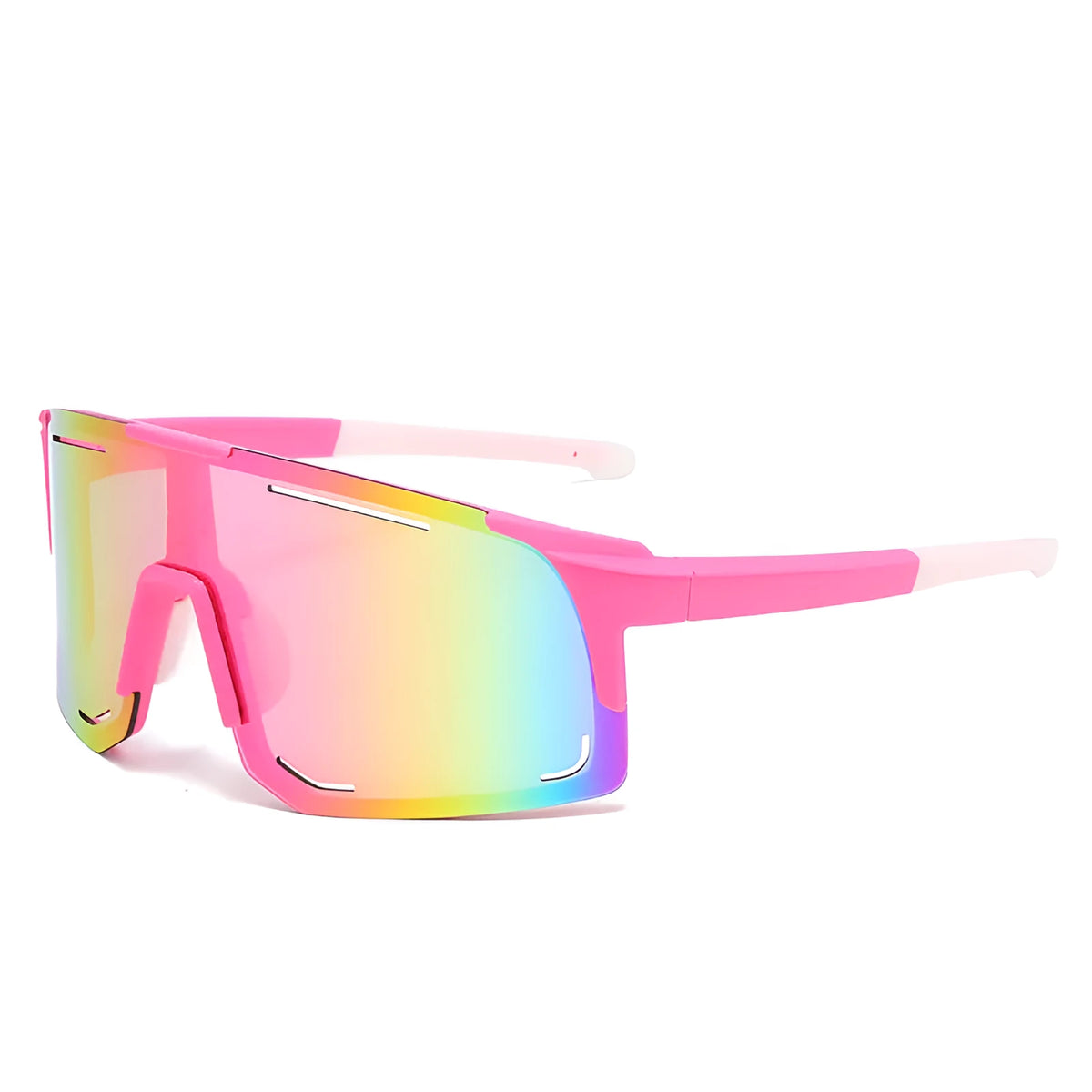 Square cycling sunglasses in black, blue, green, pink, or white frame with various lens films