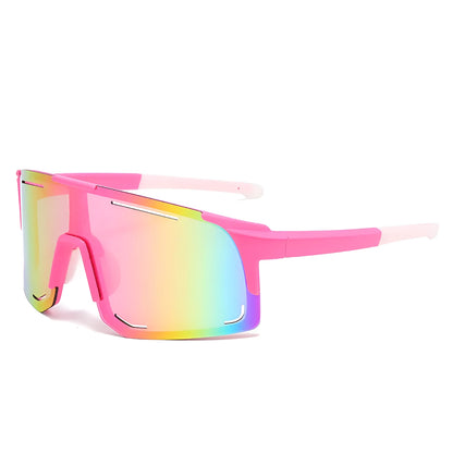 Square cycling sunglasses in black, blue, green, pink, or white frame with various lens films