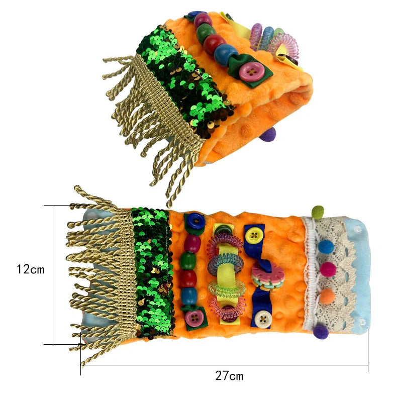 Alzheimer's sensory toy pillowcase measuring 12x27cm with polyester yarn tactile surface