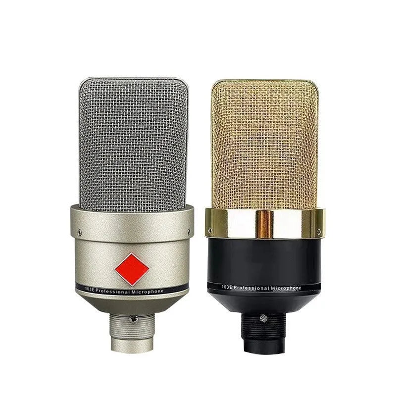 Wired condenser microphone for singing, recording, and live broadcast, featuring cardioid polar pattern for clear vocal capture with a 40Hz-20KHz frequency response range, 12+ hour operation, and supplied with stand in champagne gold or black gold colour.