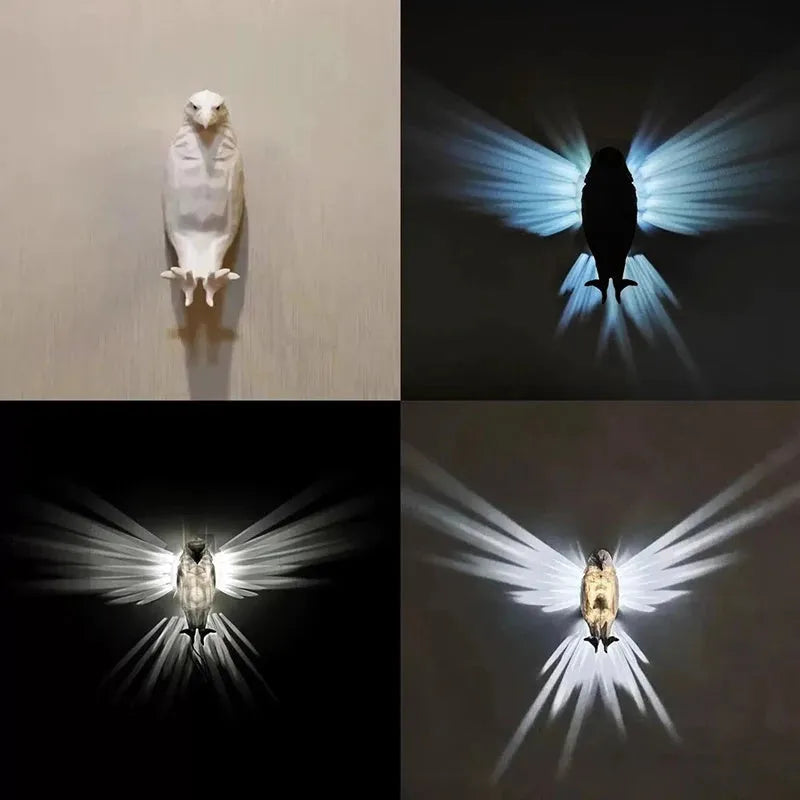 3D eagle owl wall lamp projector showing resin silhouette construction and projected shadow patterns