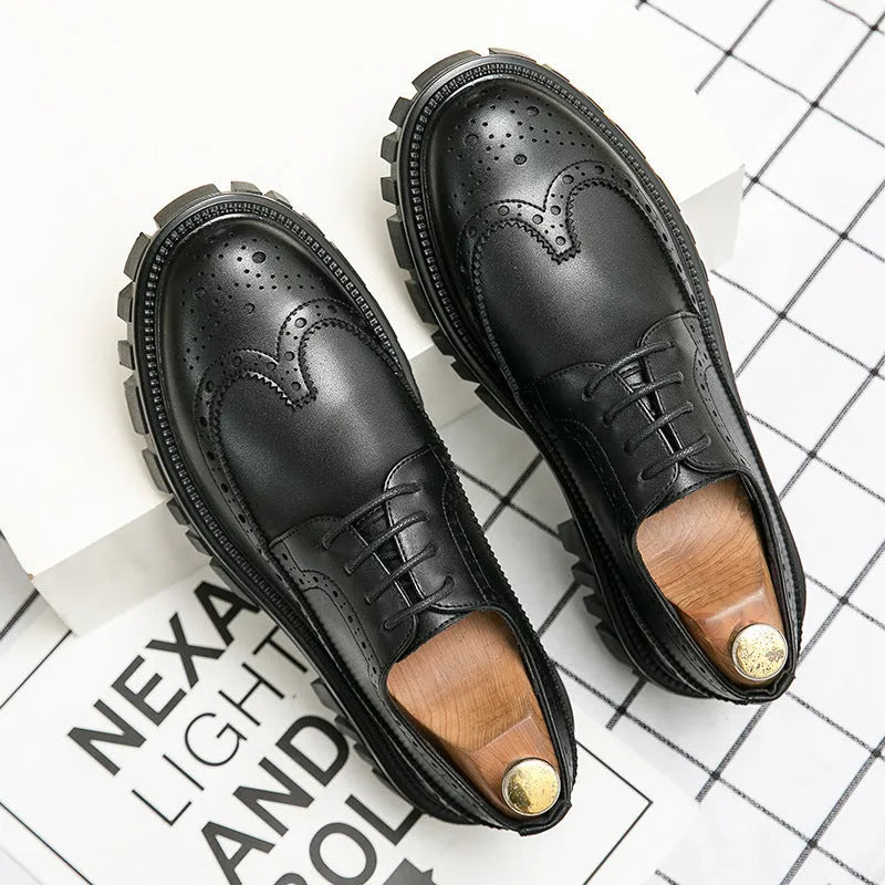 Men's black and brown artificial PU brogue shoes with round toe on white background