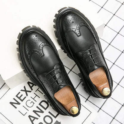 Men's black and brown artificial PU brogue shoes with round toe on white background