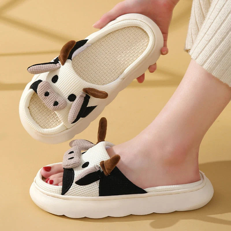 Cartoon Cow Frog Slippers with non-slip soles and linen uppers
