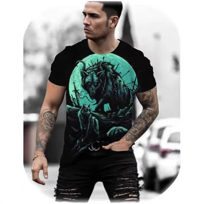 Man wearing a short-sleeved grey t-shirt with a retro-style 3D graphic of a wild animal printed on the front.