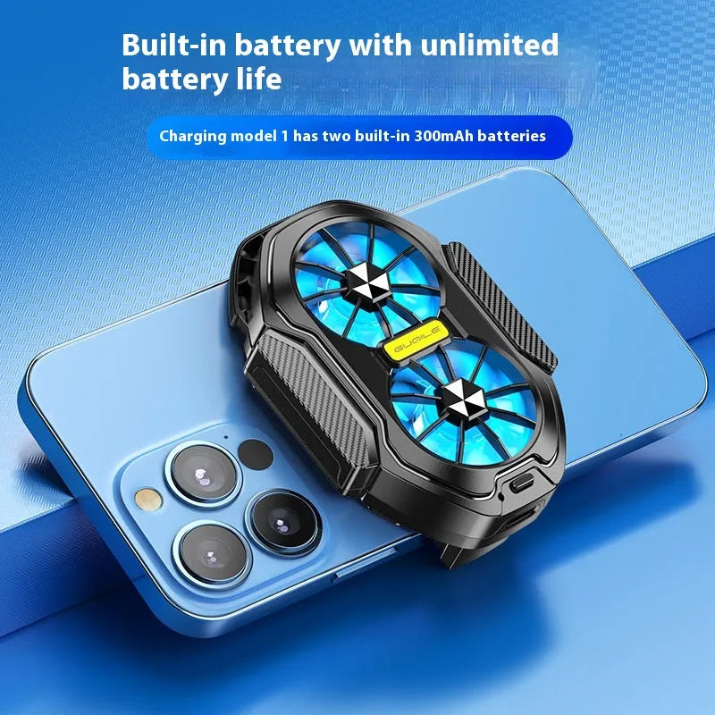 FS01 twin fan air-cooled phone radiator with ABS body, Type-C cable, and red/green charging light