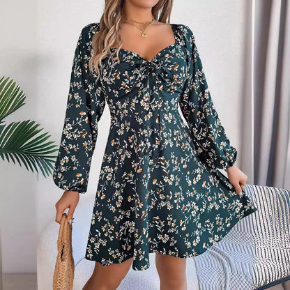 Flirty floral print chiffon dress with lantern sleeves, square neckline, and A-line silhouette