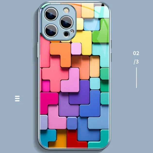 Colourful geometric building block pattern silicone back cover for iPhone, shown in glossy finish.