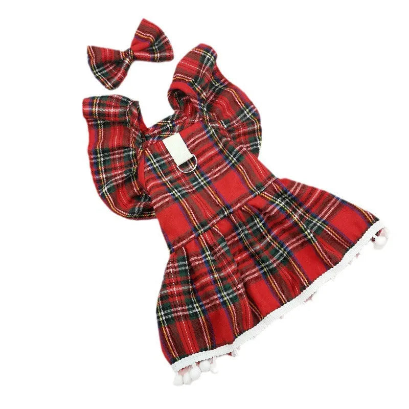 Red Christmas tartan pet skirt with head flower accessory for cats and dogs