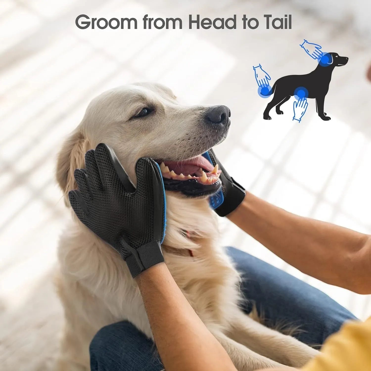 Blue pet grooming gloves with silicone tips and adjustable wrist strap for hair removal