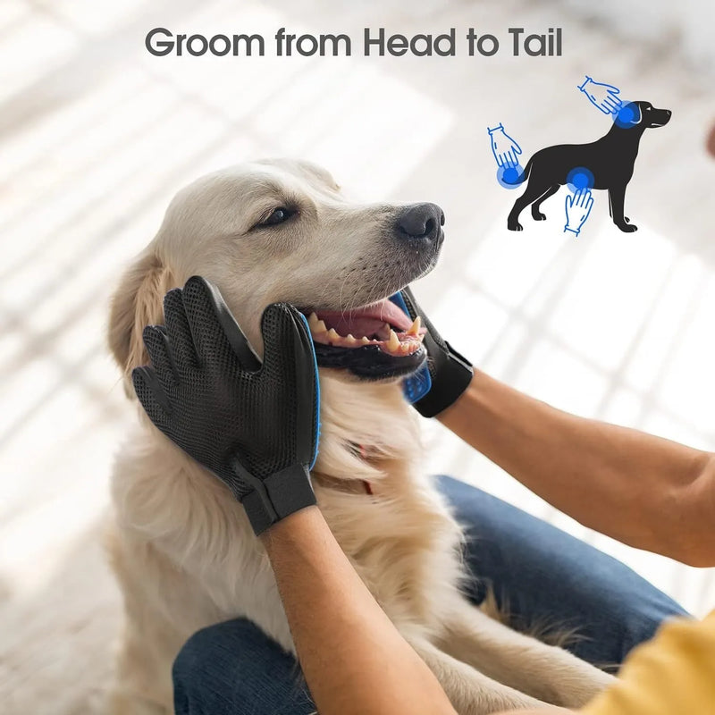 Upgraded pet grooming gloves with 255 silicone tips for gentle shedding removal, designed for dogs, cats, and horses with adjustable wrist strap and one-size-fits-all flexibility.