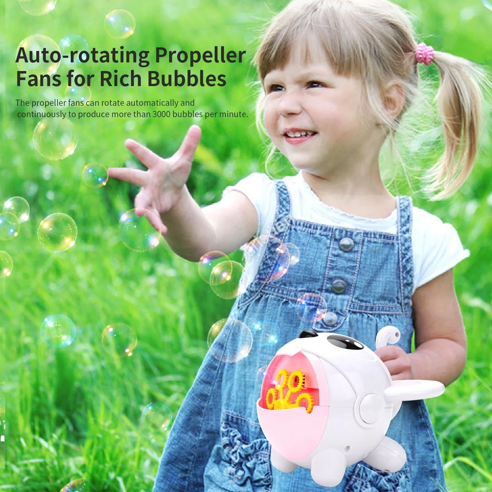 Automatic bubble machine producing a stream of bubbles, perfect for outdoor fun and entertainment with kids