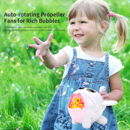 Automatic bubble machine producing a stream of bubbles, perfect for outdoor fun and entertainment with kids