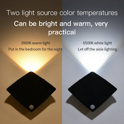 Wireless motion-activated wall lamp with USB recharging, available in black or white finish