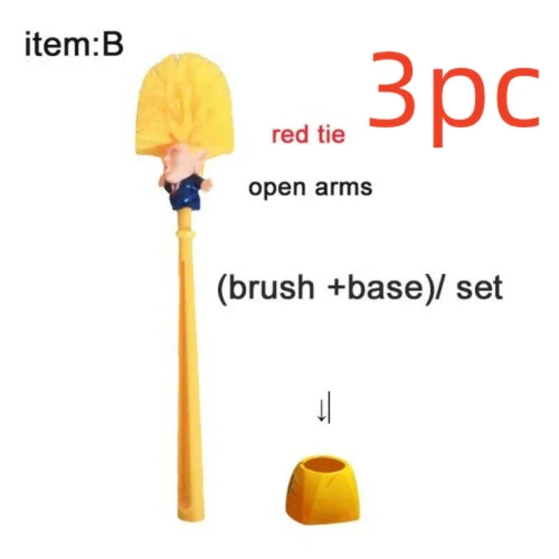 Comical Donald Trump-themed toilet brush made of durable plastic with a bold yellow color and convenient hanging slot