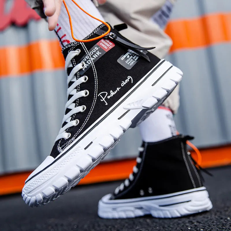 Men's high top canvas casual shoes with letter pattern, front lace-up, round toe, white green black, sizes 39-44