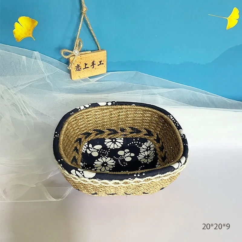 Blue square plastic hand-woven storage basket on a tabletop.