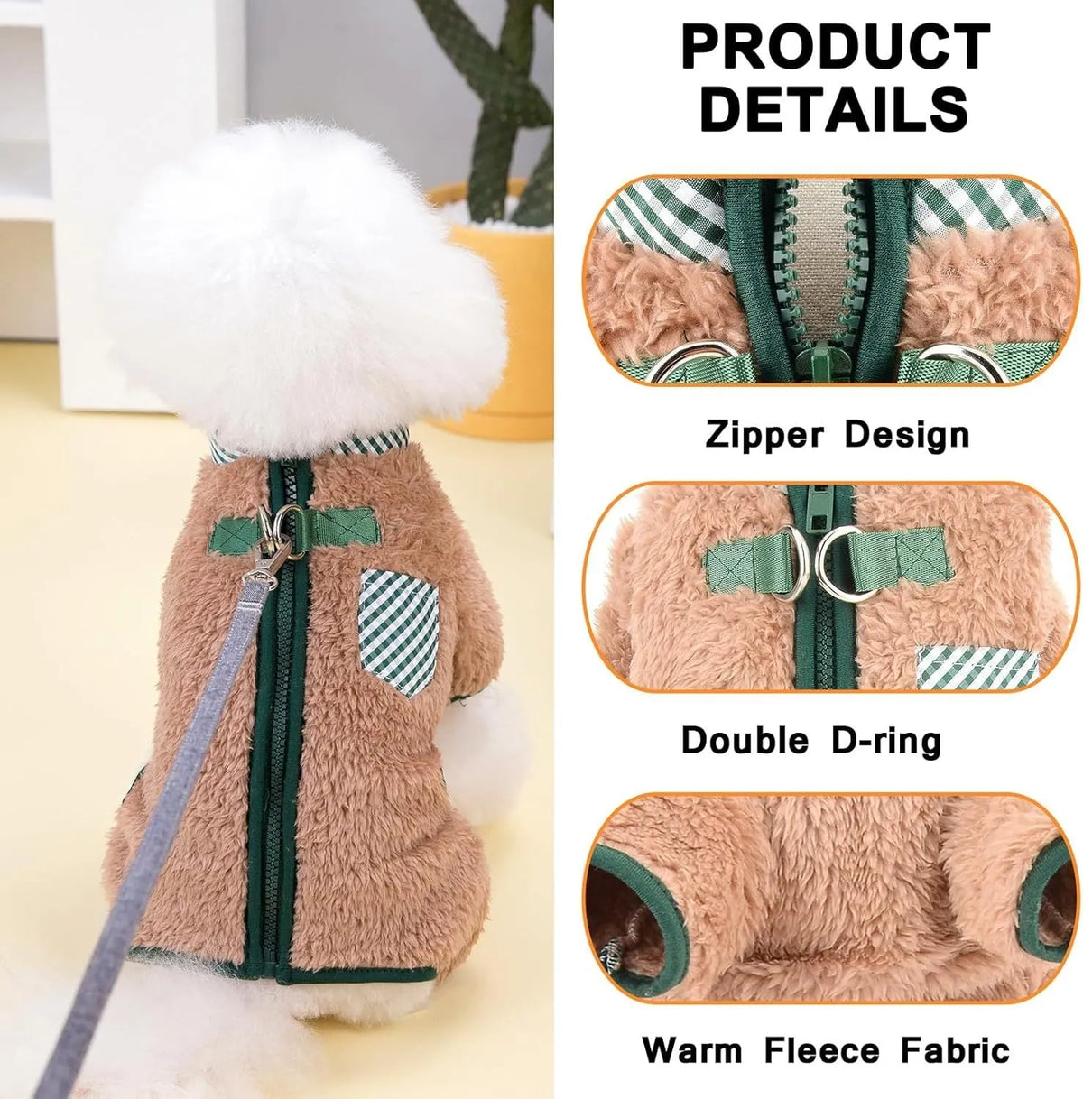 Green plush fleece dog jumpsuit coat with a back zipper and D-rings on a small dog.