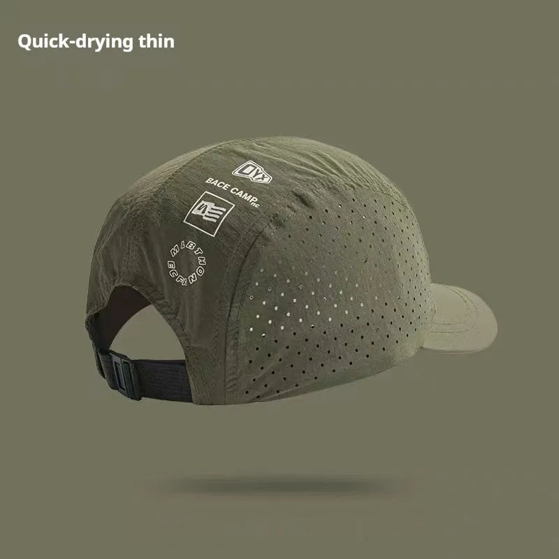 Men's adjustable baseball cap in breathable mesh fabric, shown in black, grey, green, khaki, or purple.