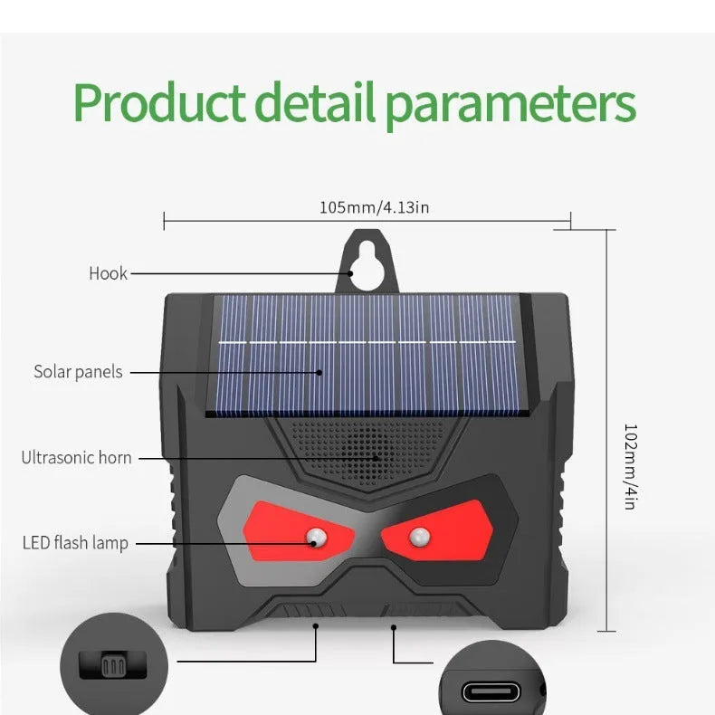 Black animal-shaped solar ultrasonic outdoor pest repeller with charging cable
