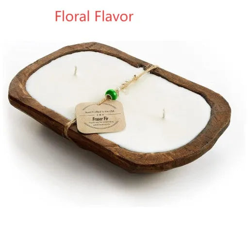 Retro wooden basin containing a lavender-scented soy wax candle with three visible wicks.