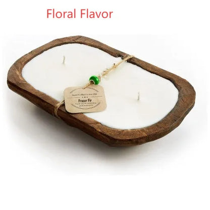 Retro wooden basin containing a lavender-scented soy wax candle with three visible wicks.