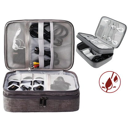 Gray waterproof electronics organiser bag open showing double-layer compartments with elastic loops and mesh pouches