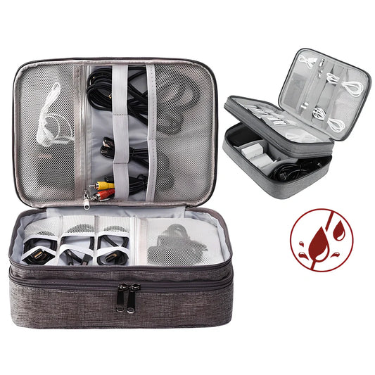 Gray waterproof electronics organiser bag open showing double-layer compartments with elastic loops and mesh pouches