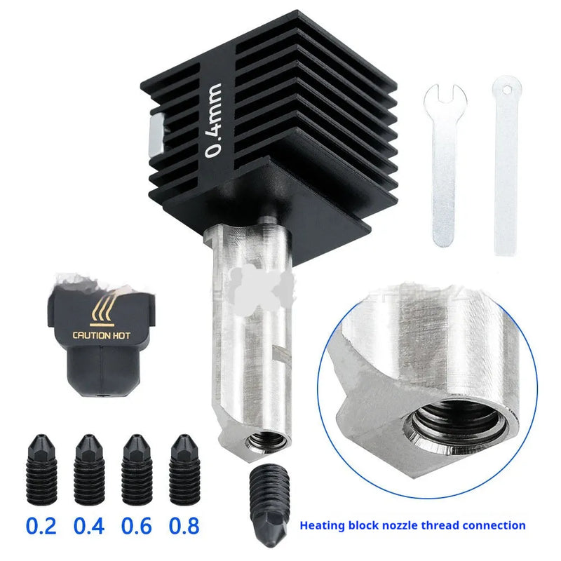 3D printer accessories A1A1 Mini hardened steel hot end nozzle assembly replacement part for Bambu Lab A1 Mini, available in 0.2mm, 0.4mm, 0.6mm, and 0.8mm nozzle sizes with black silicone sleeve for heat insulation and upgrade options