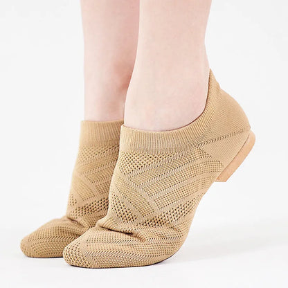 Camel coloured contemporary dance shoes with cotton mesh upper and leather sole for latin dance