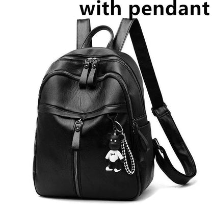 Black PU leather backpack with double straps showing ID compartment and zipper opening