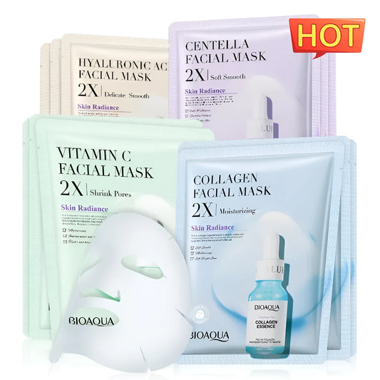 Collagen and hyaluronic acid facial sheet mask set with four variant packages showing 30g gel masks
