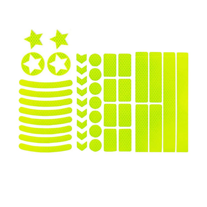 Geometric grid pattern reflective safety tape for bicycles in blue, red, white, and fluorescent yellow.