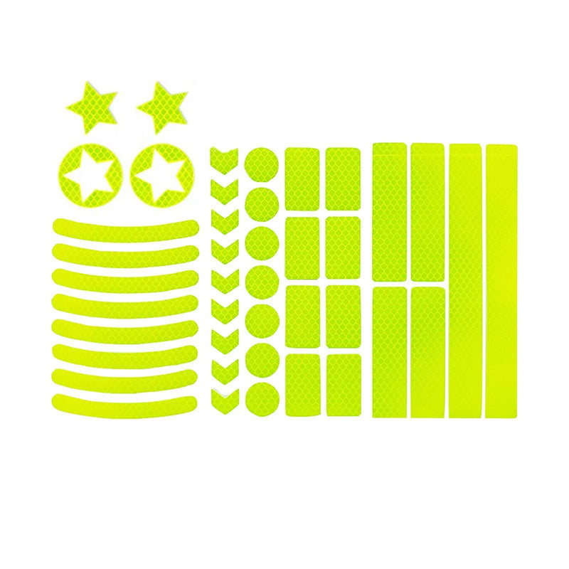 Bicycle reflective warning tape with high-visibility geometric grid pattern in red, fluorescent yellow, blue or white, made from Pet material for night-time safety and visibility, 11.5 x 21 cm size per strip.