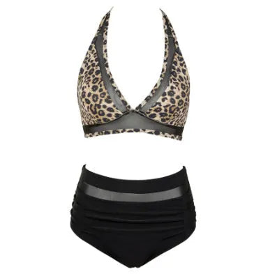 Women's black bikini set with briefs, shown alongside rose red and leopard print colour options.